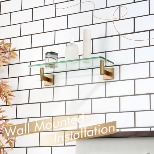 KOKOSIRI Wall Shelves Bathroom Hardware Glass Floating Shelf Small Hanging Rack Storage/Room Decor 16-Inch Champagne Bronze 2 Pack B1105CPG-L16-P2 - color: Champagne Bronze, size: 16-Inch(2 Pack)