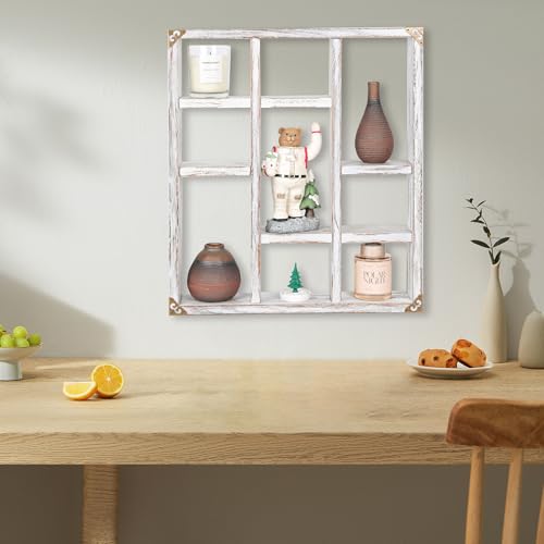 17.7x15.7-Inch Shadow Box Shelf 9-Slot Rustic Floating Shelves Larger Wall Mounted Shelf Lightweight Solid Wood Display Shelf Freestanding Farmhouse(9C-Rustic White) - color: 9c-rustic White, size: 1 PCS
