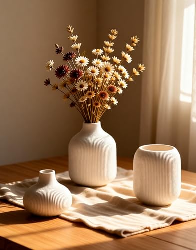 White Ceramic Vases for Decor, 3 Set Small Modern Minimalist Ribbed Vases Decorative for Table Shelf Decor Bookshelf Decoration Vase - color: Vt15-which