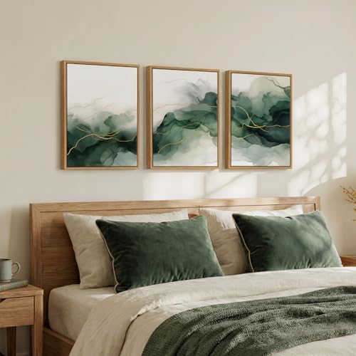 Framed Abstract Minimalist Watercolor Green Gold Wall Art Bedroom, 12x16 In - color: Emerald Green, size: 12" W x 16" H x 3Pcs