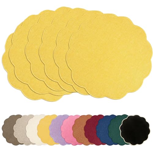AHHFSMEI Round Scalloped Placemats Set of 6 15 Inch Faux Linen - color: Yellow