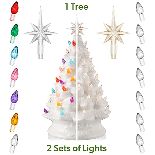Casafield Hand Painted Ceramic Christmas Tree, White 15-Inch Pre-Lit Tree with 128 Multi Color Lights and 2 Star Toppers - color: White
