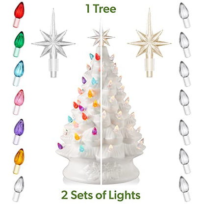 Casafield Hand Painted Ceramic Christmas Tree, White 15-Inch Pre-Lit Tree with 128 Multi Color Lights and 2 Star Toppers - color: White