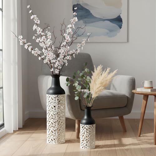 Large Tall Floor Vases: 27in Metal Floor Standing Vase, Black and White Vase with Hollowed for Living Room, Entryway, Office, Dining, Bedroom, Fireplace, Home Corner (Black and White (with Hollowed)