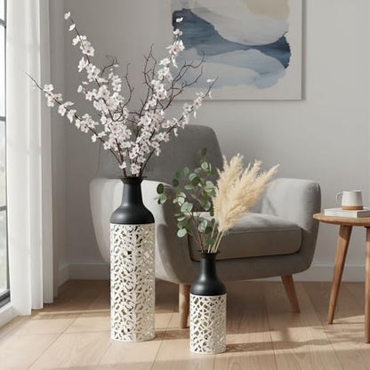 Large Tall Floor Vases: 27in Metal Floor Standing Vase, Black and White Vase with Hollowed for Living Room, Entryway, Office, Dining, Bedroom, Fireplace, Home Corner (Black and White (with Hollowed)