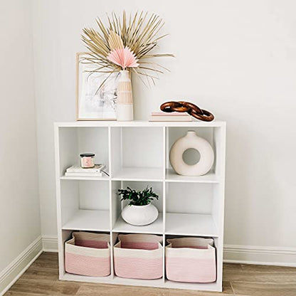 OrganiHaus Cotton Rope Baskets for Shelves, Set of 3, 15x9x10 - color: Pink / Off-White
