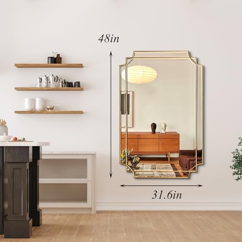 48"x32" Large Rectangle Beveled Mirror with Gold Geometric Frame - color: Gold, size: 48"L x 31.6"W