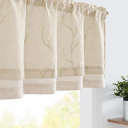 jinchan Linen Kitchen Valance Sheer Leaf Embroidered 18 Inch 1 Panel Beige - color: Leaf | Beige