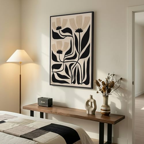 Framed Boho Neutral Abstract Floral Wall Art for Living Room, 24x36 Inch - color: Neutral Black Beige, size: 36"L x 24"W