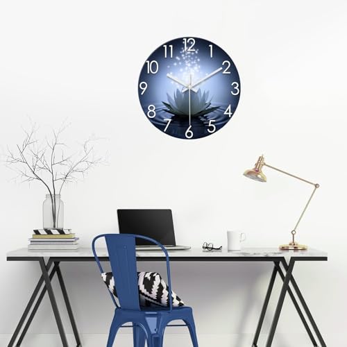 XFM White Lotus Glass Wall Clock 14 Inch Blue Zen Flowers - color: White Lotus, size: 14 Inch
