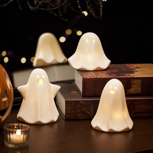 DN DECONATION Light Up Ghost Halloween Decor, 5" Cute for Halloween Table - color: White