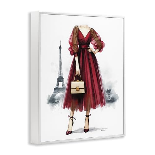 'Parisian Fashion Red Dress'| Framed Giclee Art - color: Coastal White (Textured), size: 14"L x 11"W