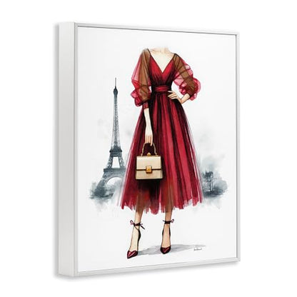 'Parisian Fashion Red Dress'| Framed Giclee Art - color: Coastal White (Textured), size: 14"L x 11"W