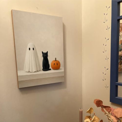 Halloween Wall Art Decor, Ghost Cat Pumpkin Canvas Print Framed - color: E