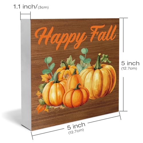 Fall Decor Autumn Pumpkins Wooden Box Sign Fall Harvest Decorations Rustic Home Desk Shelf Tabletop Decor 5 x 5 Inches - color: Multicolor Happy
