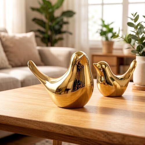 Set of 2 Gold Bird Statues Modern Abstract Ceramic Bird Figurines Small & Large Golden Bird Sculptures Minimalist Decorative Bird Ornaments for Home Living Room Shelf Office Table