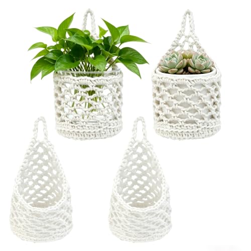 4-PCS 5 Inch Macrame Wall Plant Hangers, Small Wall Hanging Plant Holder, Natural Cotton Rope Hanger for Indoor Plants & Daily Storage, Boho Home Decor - color: White