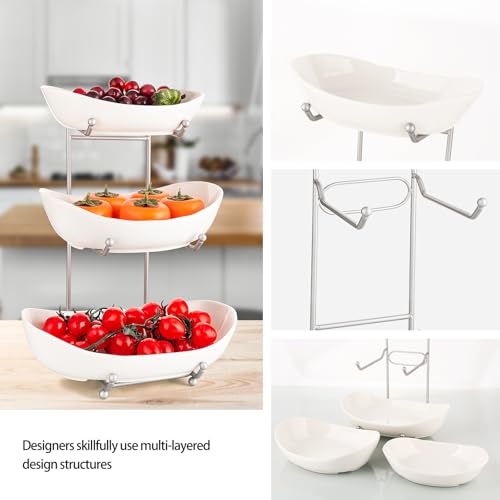 3 Tier Fruit Basket for Kitchen Counter, Silver/White Ceramic Fruit Bowl for Countertop, Home Fruit Rack with Holder, Vegetable Bowl Snacks Nuts Bread Candy Storage (White)