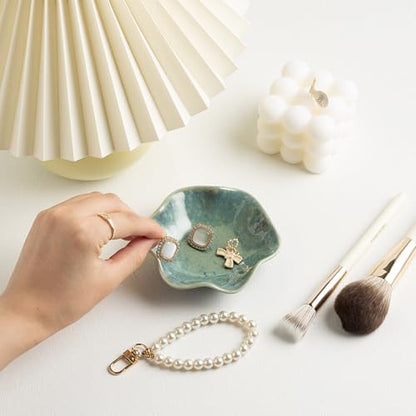 Ceramic Ring Dish, Jewelry Trinket Tray for Rings and Earrings - color: Cyan Surface