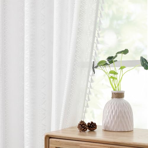 White Boho Sheer Lace Window Curtains with Tassel, 40" Wx84 Lx2 - color: White, size: 40"W x 84"L (Pack of 2)