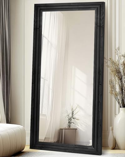 76x34in Full Length Mirror, 3-Tier Stepped Solid Wood Frame, Black - color: Black, size: 76"L x 34"W