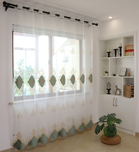 SLOW SOUL 2 Panels European Luxury Curtains Velvet Embroidered Tulle for Living Room Kitchen Bedroom Sheer Curtain with Grommet Light Green 50W X 102L inch - color: Lightgreen/Grommets, size: 50"W x 102"L (Pack of 2)