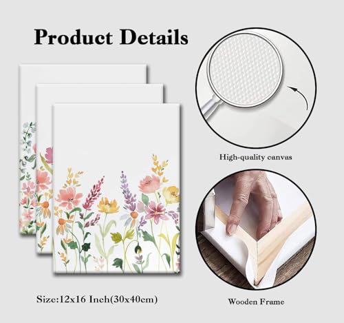 Watercolor Wildflower Canvas Wall Art, 3 Piece Gallery Wrapped Set, 12x16 - color: Plant flowers-1, size: 12x16 inch
