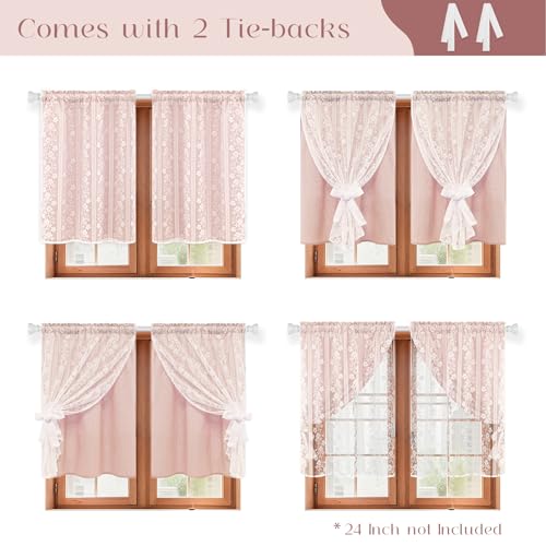 ASPMIZ Linen Pink Kitchen Tier Curtains 36 Inch Length, Double Layered Kitchen Curtain with Linen and Lace, Rod Pocket Window Curtains with Tiebacks, Boho Window Treatments for Bathroom Cafe, 2 Panel - color: Light Pink, size: 26"W x 36"L (Pack of 2), sty