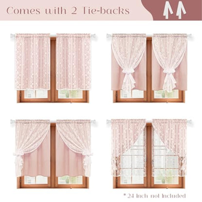 ASPMIZ Linen Pink Kitchen Tier Curtains 36 Inch Length, Double Layered Kitchen Curtain with Linen and Lace, Rod Pocket Window Curtains with Tiebacks, Boho Window Treatments for Bathroom Cafe, 2 Panel - color: Light Pink, size: 26"W x 36"L (Pack of 2), sty