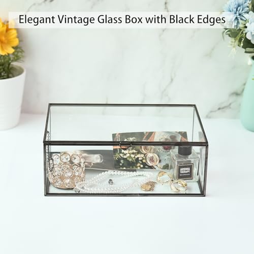 Glass Jewelry Display Box with Hinged Lid, Keepsake Box, Clear Card Box - color: Black, size: Large