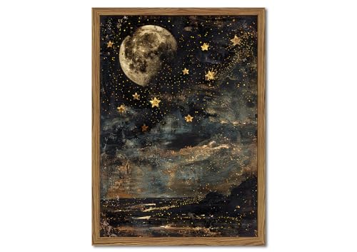 Moody Star Wall Art Vintage Moon and Stars Wall Decor Painting, Dark Academia Fantasy Celestial 3D Texture Hand Drawn Sandstone Artwork for Bedroom Living Room 12x16 inch Wood Framed - color: Stars, size: 16"L x 12"W