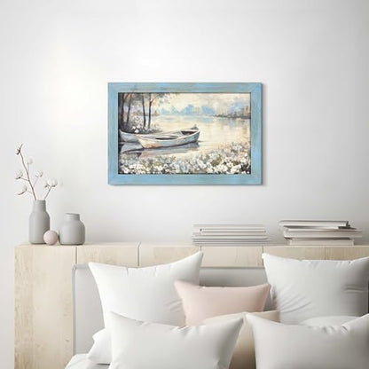 summer melody Rustic Lake Landscpe Wooden Framed Wall Art 24x16 Inch - color: Blue, size: 24"L x 16"W