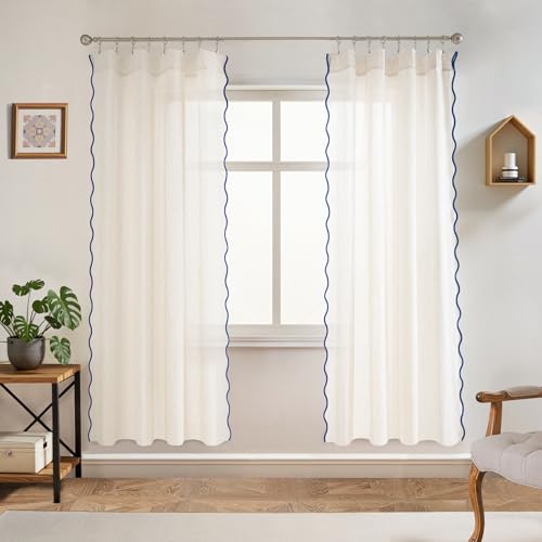DriftAway Semi Sheer Scalloped Edge Linen Coastal Beach Window Curtains for Living Room Bedroom 2 Panels Rod Pocket Each Size 52 Inch by 72 Inch Navy - color: Linen Navy, size: 52"W x 72"L (Pack of 2)