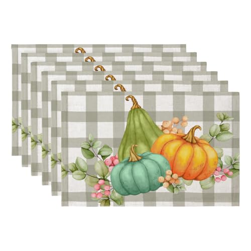 QIYI Fall Placemats Set of 4, 12"x18" Linen Place Mats, Plaid Pumpkin - color: Plaid Pumpkins, size: Set of 6