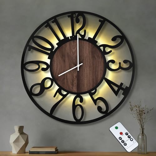 30" Silent Large Wall Clock – Adjustable Night Light, Battery Operated - color: Black Walnut - Arabic Numerals, size: 30 inch(76 cm)
