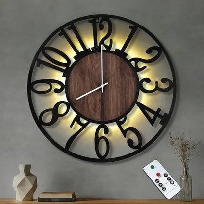 30" Silent Large Wall Clock – Adjustable Night Light, Battery Operated - color: Black Walnut - Arabic Numerals, size: 30 inch(76 cm)