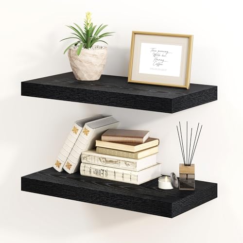 Fun Memories Black Floating Shelves 16 Inch Long, 8 Deep Floating Shelf Wall Mounted, 16 x 8 Inch Wooden Bathroom Shelves, Deep Storage Shelves for Living Room, Kitchen, Set of 2 - color: Black, size: 16"W x 8"D