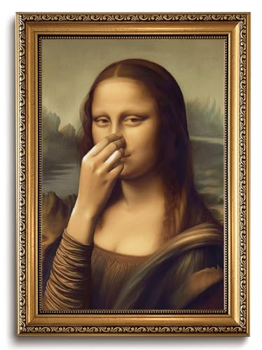 Funny Mona Lisa Bathroom Wall Art Vintage Gold Framed Parody Decor - color: Monalisa Nose, size: 24"L x 16"W