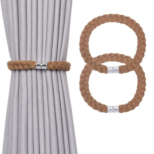 NICEEC 2 Pack Natural Cotton Rope Magnetic Curtain Tiebacks Elegant Twisted Braid Style Drape Tie Backs Soft Hand-Woven Rope Curtain Holdbacks for Home & Office Window Draperies (Khaki-01) - color: Khaki-01, size: 2 Pack