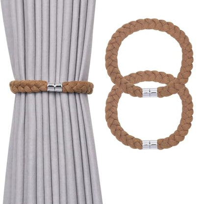 NICEEC 2 Pack Natural Cotton Rope Magnetic Curtain Tiebacks Elegant Twisted Braid Style Drape Tie Backs Soft Hand-Woven Rope Curtain Holdbacks for Home & Office Window Draperies (Khaki-01) - color: Khaki-01, size: 2 Pack