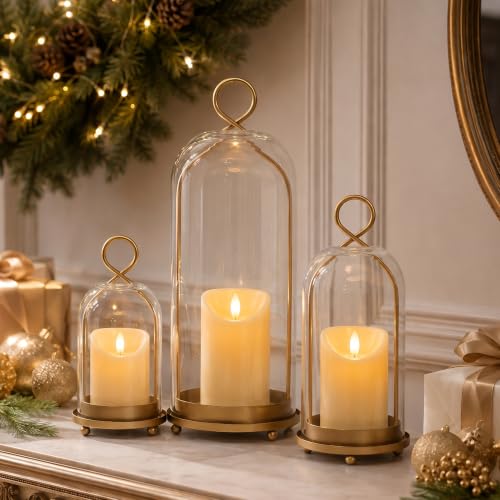 15", 9" & 7" Hurricane Candle Holders Set of 3, Gold & Glass - color: Gold