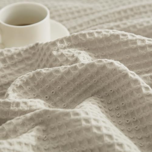 PHF 100% Cotton Waffle Throw Blanket Lightweight Breathable, Linen/Stone - color: Linen/Stone, size: Throw(50" x 60")