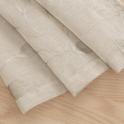 HOMEIDEAS Taupe Kitchen Sheer Curtains Leaf Embroidered, 52x45, 2 Panels - color: 2-taupe/Beige, size: 52"W x 45"L (Pack of 2)