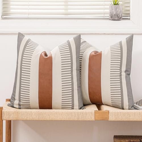 2 Pack 18x18 Inch Pillow Covers - Brown Faux Leather & Gray Stripe Print Soft Cotton Splicing, Same Pattern Both Sides | for Sofa Couch Bed Living Room, Farmhouse Industrial Minimalist Decor - color: Grey and Beige, size: 18" x 18" (Pack of 2)