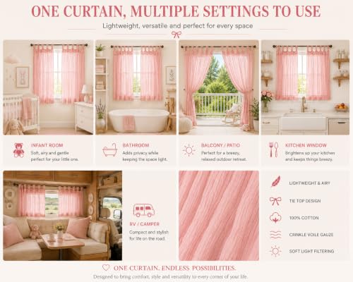 TARAN LIVING Sheer Crinkle Curtain Panel Set of 2, 100% Washable Cotton Window Treatment Rod Pocket Curtain Panels for Kitchen, Bedroom and Living Room (Salmon Pink, Long Door (40"x96")) - color: Salmon Pink