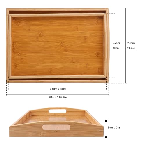2 PCS Bamboo Serving Tray, 2 Size Nested Breakfast Bed Tray with Handle, Wood Serving Tray for Serving, Breakfast Bed Trays for Eating, Decor, Displaying Cake, Fruit - size: 2 PCS - 2 Sizes