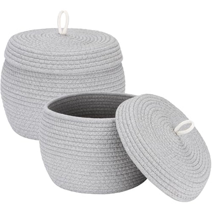 Sea Team Round Woven Cotton Rope Storage Basket with Lid, Gray, 2-Pack - color: Grey, size: Small/2-Pack