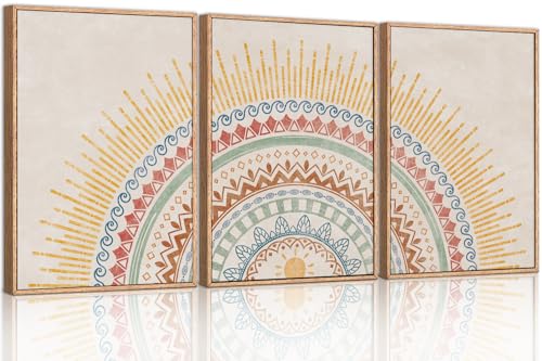 HPINUB Boho Sun Framed Canvas Wall Art Set, Mid-Century Modern Wall Decor, Minimalism Bohemian Wall Painting, Abstract Geometric Pattern Art Print for Living Room, Bedroom, Office - 24"x36"x3 - color: Boho Sun Wall Art, size: 24"L x 36"W