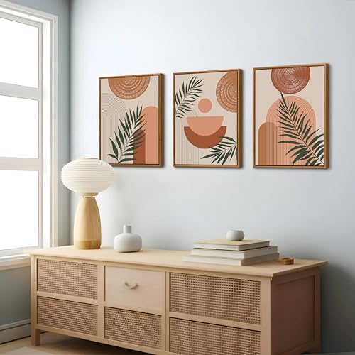 3 Pcs Terracotta Botanical Framed Canvas Wall Art Prints Abstract 16"x24" - color: Boho Terracotta Geometric Line Botanical, size: 16"x24"x3Pcs