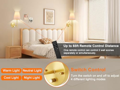 Wall Sconces Set of Two with Remote Control, Dimmable, Adjustable Colors 2700-6500K, Plug in Wall Sconces with White Fabric Shades, Plug in Wall Light, Gold - color: Gold-White